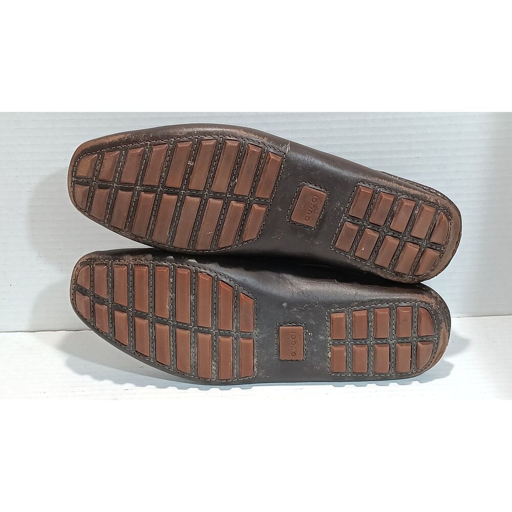 Men's 8.5 🔥 GUCCI Chocolate Brown Leather Driving Loafers Bamboo Horsebit Shoes - Picture 12 of 14